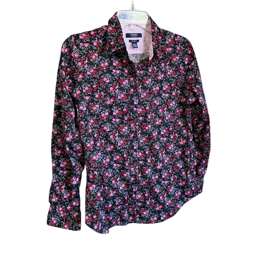 Chaps Womens Sz M Black Pink Floral No Iron Cotton Button Down Shirt Long Sleeve